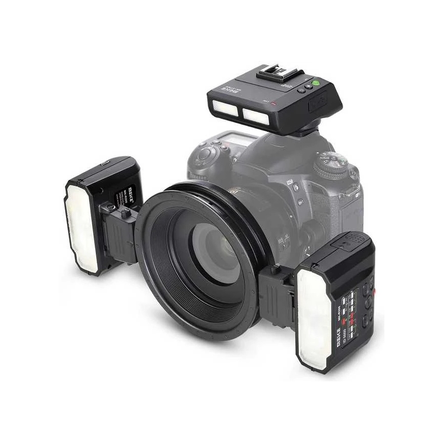 Kaamera välklambi komplekt - Meike Macro Twin Flash Kit MK MT24, 60°/45° Pöördumine, 4 Kanalit, 3 Rühma