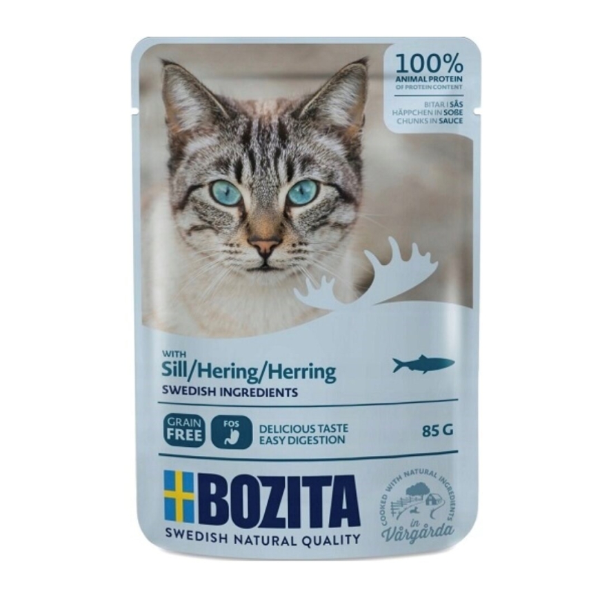 BOZITA gaļas gabaliņi mērces ar reņģēm – mitrā kaķu barība – 85g