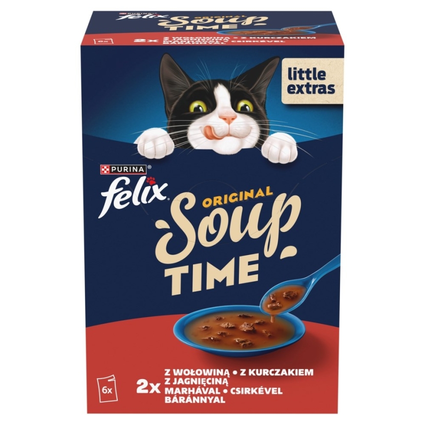 PURINA Felix Original Soup Time dėžutė, jautiena, ėriena, vištiena - šlapias kačių maistas - 6x48g