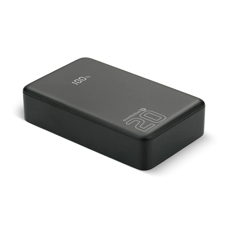 Powerbank 20 000mAh, 1x USB, 2x USB-C, 20W, QC4+, LCD-näyttö, musta