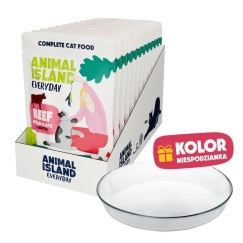 ANIMAL ISLAND Ikdieni liellopa gaļa buljona - mitrā kaķu barība - 12x85g + bezmaksas šķīvis