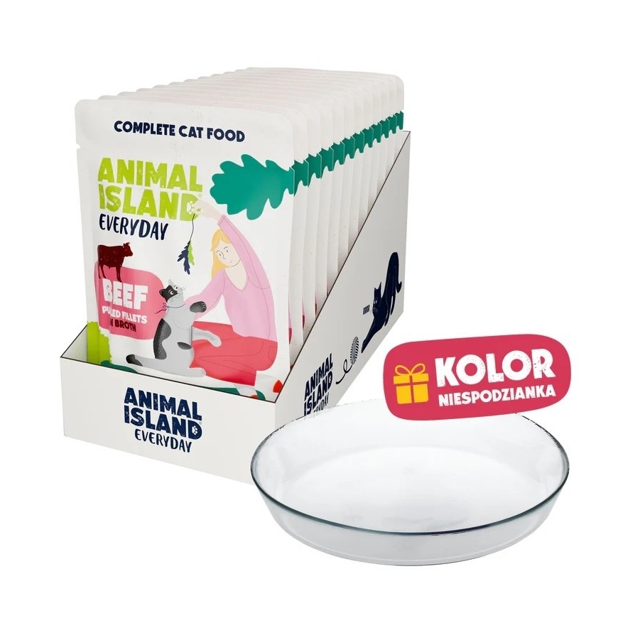 ANIMAL ISLAND Ikdieni liellopa gaļa buljona - mitrā kaķu barība - 12x85g + bezmaksas šķīvis