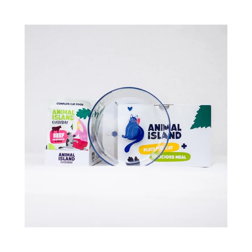 ANIMAL ISLAND Päivittäinen naudanlihakeitto Box - märkä kissanruoka - 12x85g + ilmainen lautanen – 2