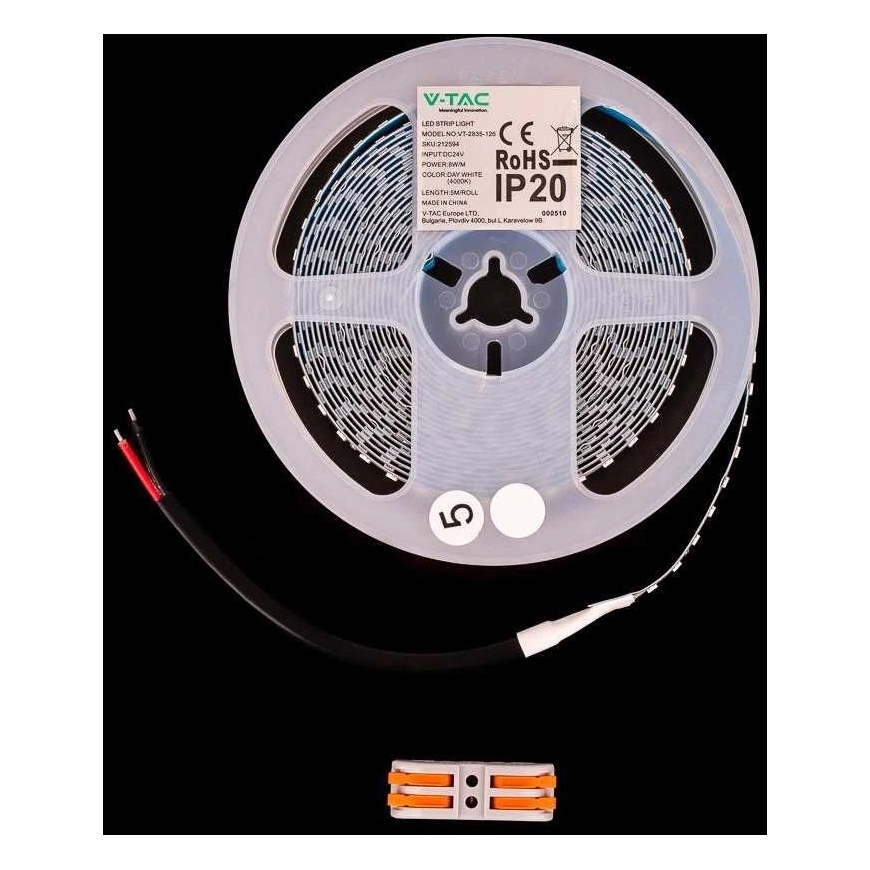 V-tac 8W/m LED strip, 3000K, 126 LEDs/m, 24V, 5m reel – 2