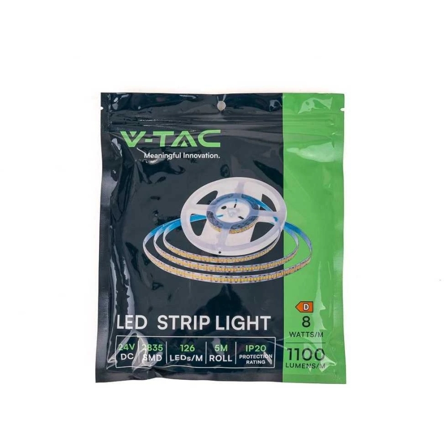 V-tac 8W/m LED riba, 3000K, 126 LED/m, 24V, 5m rull – 3