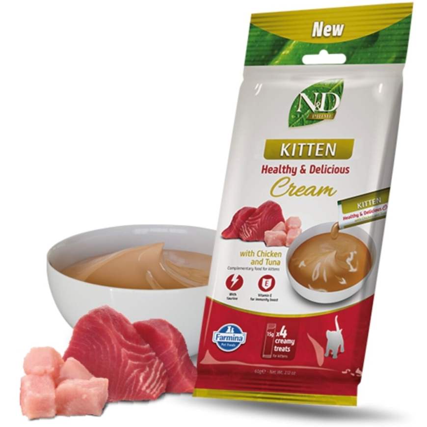 FARMINA N&D Prime Cat Cream su vištiena ir tunu kačiukams – skanėstas kačiukams – 4x15g – 2