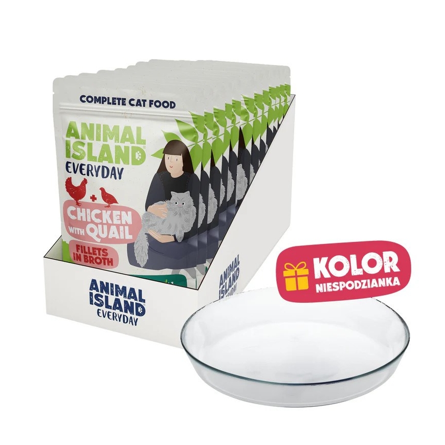 ANIMAL ISLAND Jokapäiväinen kana ja viiriäinen liemessä - märkä kissanruoka - 12x85g + ilmainen lautanen