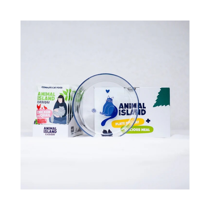 ANIMAL ISLAND Everyday Chicken with quail in broth Box - wet cat food - 12x85g + free plate – 2