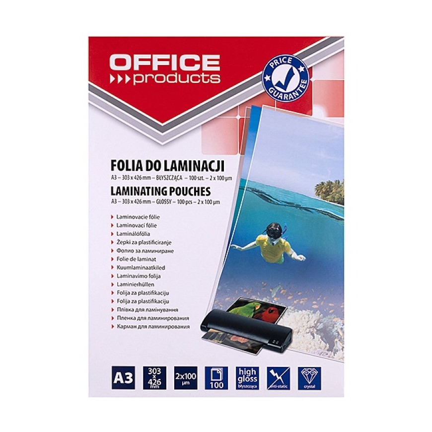 OFFICE PRODUCTS Laminaatfilm, A3, 2x100 mikronit, läikiv, 100 lehte, läbipaistev