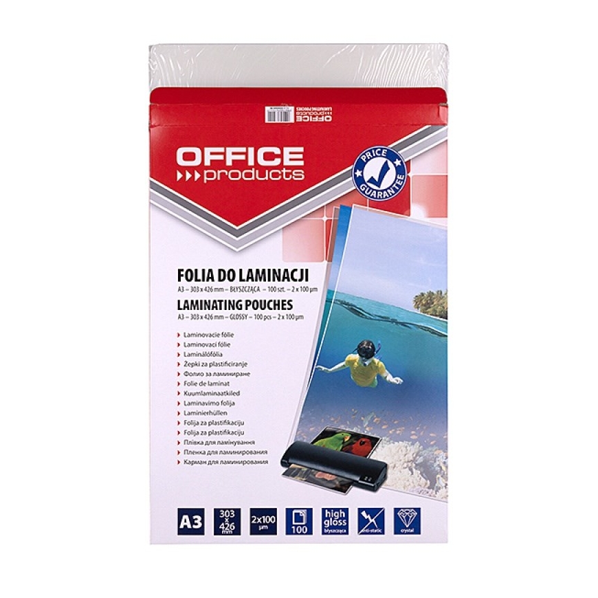 OFFICE PRODUCTS Laminavimo plėvelė, A3, 2x100 mikronų, blizgi, 100 lapų, skaidri – 2