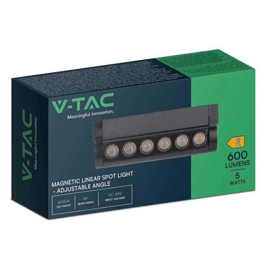 V-tac 5W LED-spotti magneettiradoille, musta, 3000K, säädettävä – 2