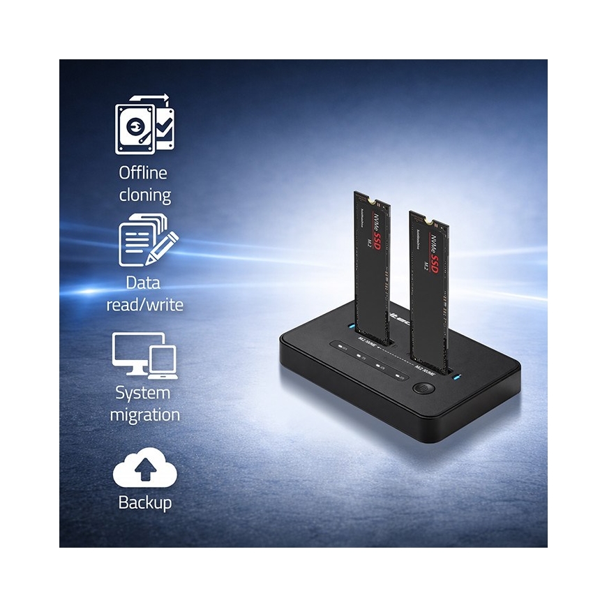 Qoltec 52366 M.2 NVMe SSD dokų stotis | PCIe | USB-C | 20 Gb/s | DUAL 2 x 8TB | Offline klonavimas – 2