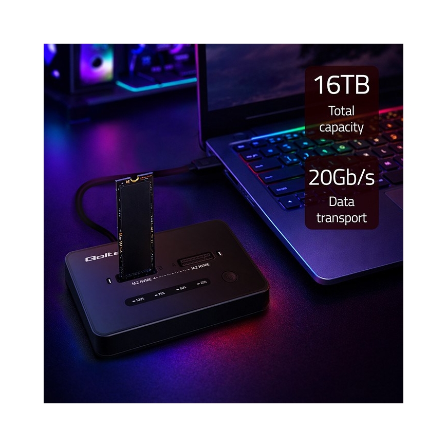 Qoltec 52366 M.2 NVMe SSD dokų stotis | PCIe | USB-C | 20 Gb/s | DUAL 2 x 8TB | Offline klonavimas – 3