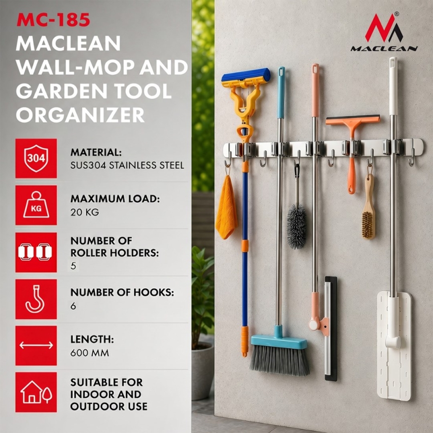 Maclean wall-mounted organizer for garden tools and mops, steel, with hooks, max. load 20 kg, width 60 cm, MC-185 – 4