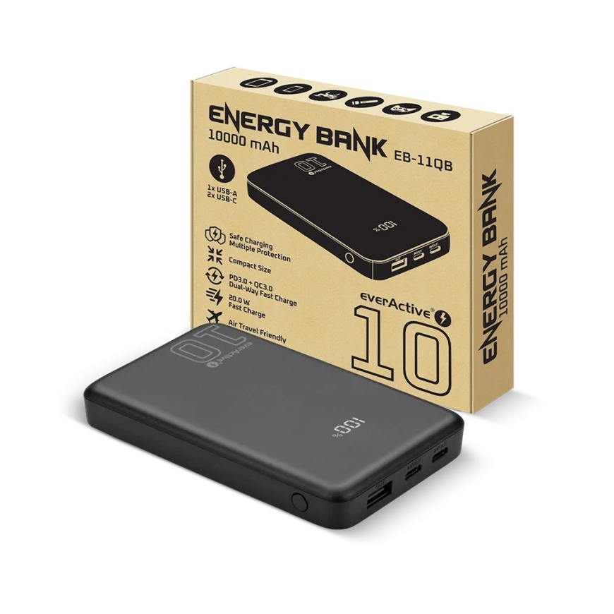 Powerbank 10 000mAh, 1x USB, 2x USB-C, 20W, QC4+, LCD ekranas, juodas – 4