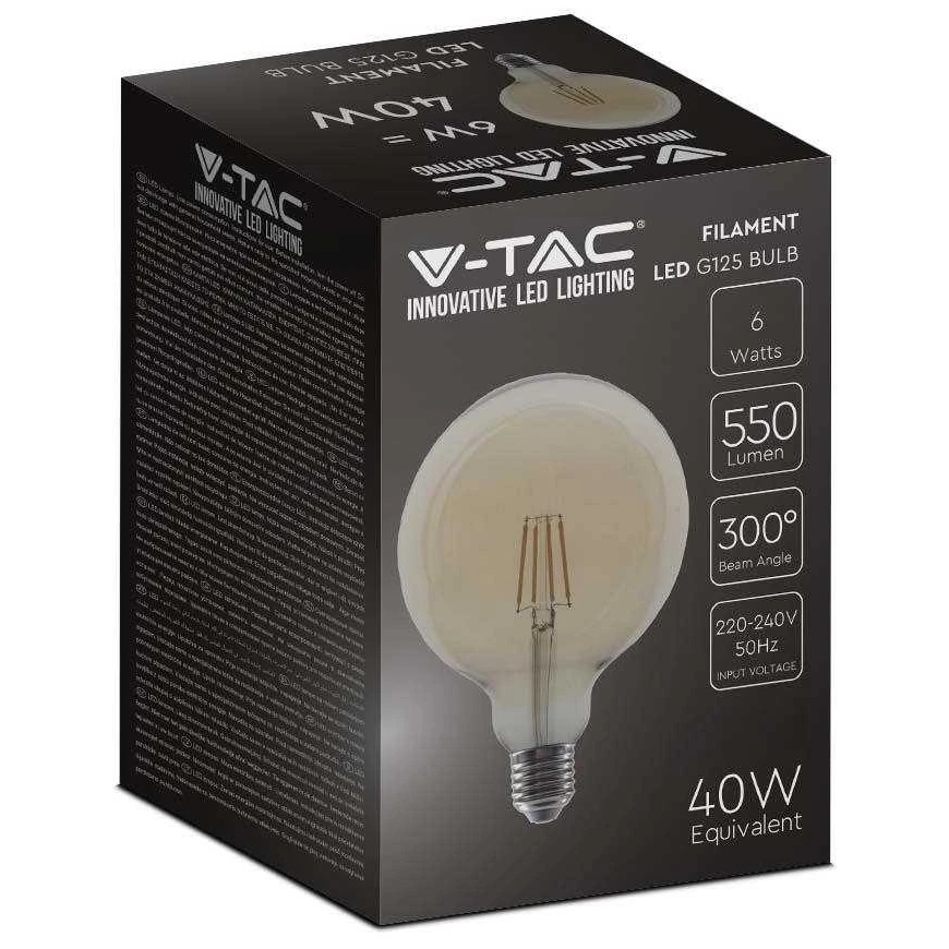 V-tac 6W LED filament bulb, G125, E27, amber glass, 2200K – 3