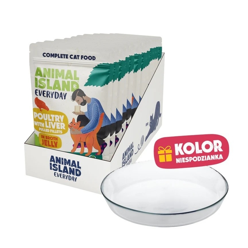 ANIMAL ISLAND Iga päev linnuliha maksaga želees pakend - niiske kassitoit - 12x85g + tasuta taldrik