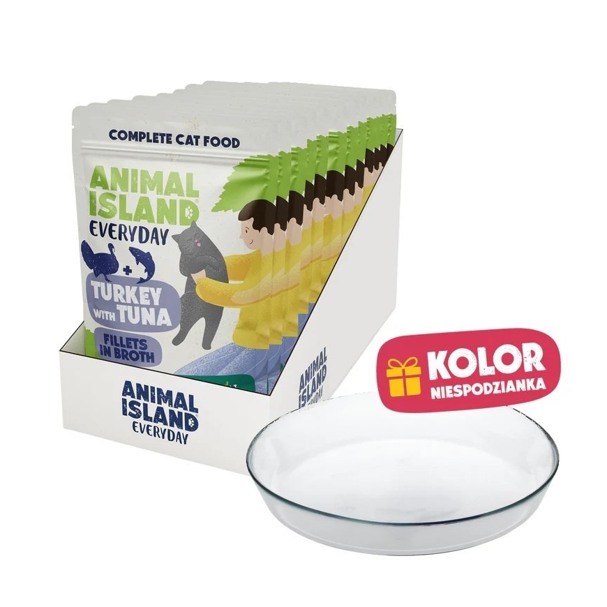 ANIMAL ISLAND Ikdienas tītars un tunzivis buljonā Kaste - mitrā kaķu barība - 12x85g + bezmaksas šķīvis