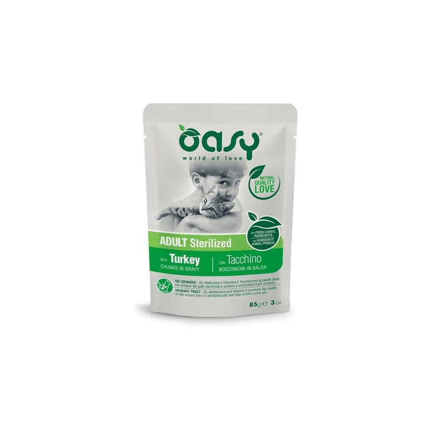 OASY gabaliņi mērce sterilizēta tītara - mitrā kaķu barība - 85g