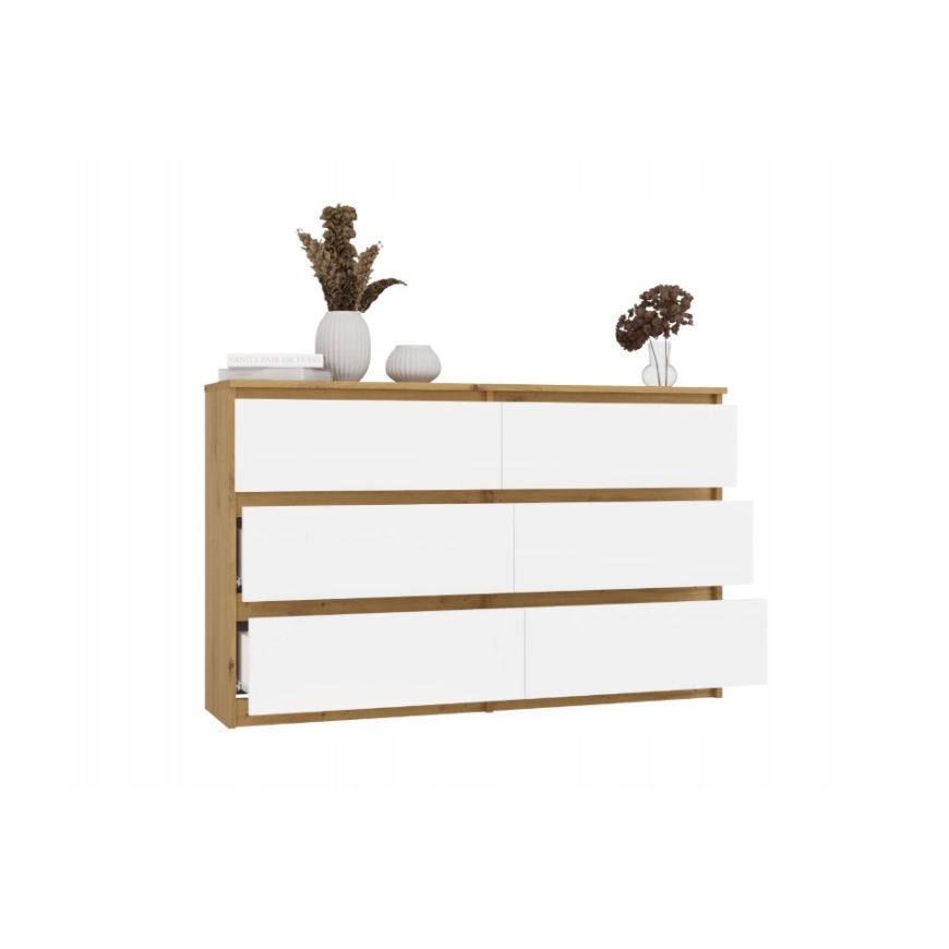 M6 MALWA KOMODE 120 CM 6 ATVĒRUMI OAK ARTISAN/BALTĀ – 3