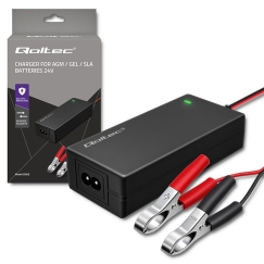 Qoltec 52665 Automaattinen laturi AGM GEL STD -akuille | 24V laturi | 2A | 48W | LED | 1,8 m kaapeli