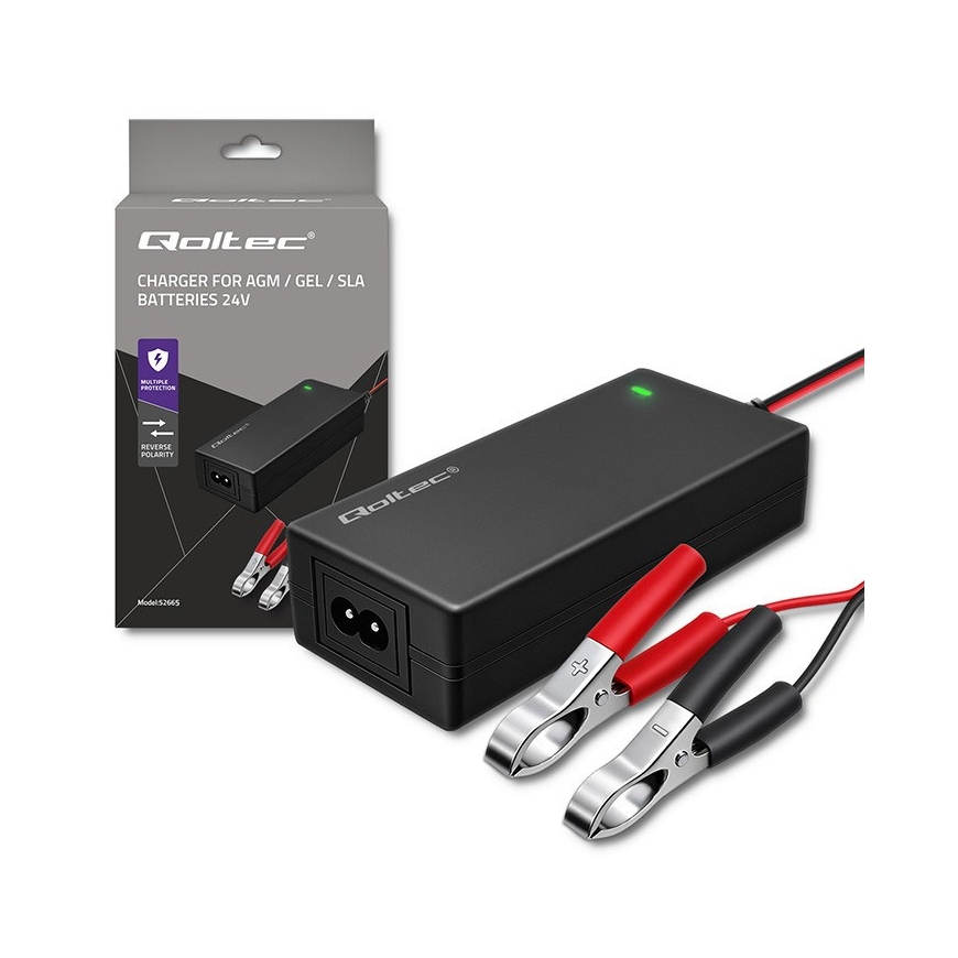 Qoltec 52665 Automatic charger for AGM GEL STD batteries | 24V charger | 2A | 48W | LED | 1.8m cable