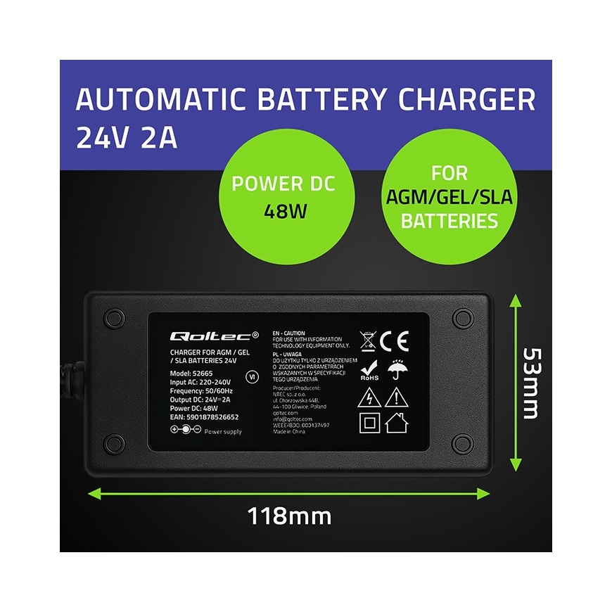 Qoltec 52665 Automaattinen laturi AGM GEL STD -akuille | 24V laturi | 2A | 48W | LED | 1,8 m kaapeli – 4