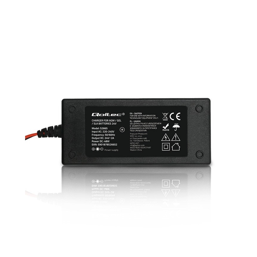 Qoltec 52665 Automatinis Įkroviklis AGM GEL STD Baterijoms | 24V Įkroviklis | 2A | 48W | LED | 1.8m Laidas – 5