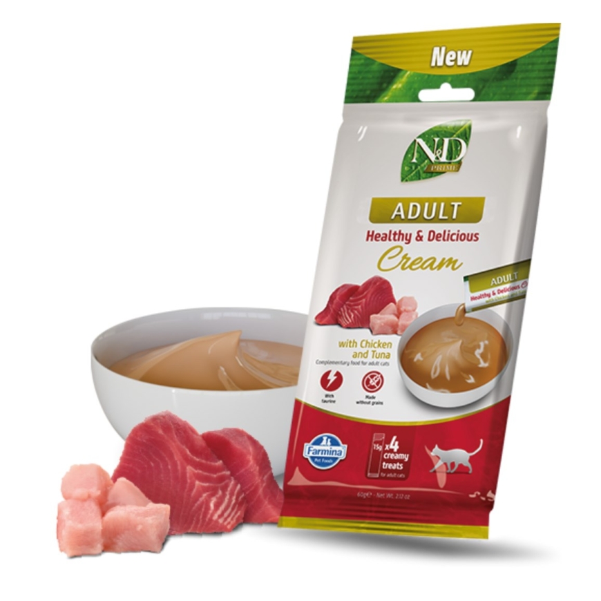 FARMINA N&D Prime Cat Cream с курицей и тунцом для взрослых кошек – Лакомство для кошек – 4 × 15 г – 2