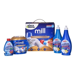 Mill astianpesukoneen pesuainepakkaus.