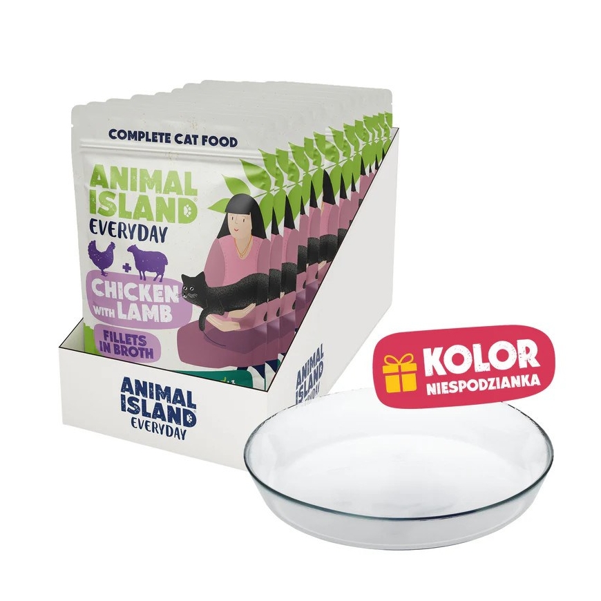 ANIMAL ISLAND Kasdienis viščiukas su aviena sultinyje Dėžutė - drėgnas kačių maistas - 12x85g + nemokamas lėkštė