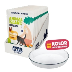 ANIMAL ISLAND Ikdieni vistas gaļa buljonā Kaste - mitrā kaķu barība - 12x85g + bezmaksas šķīvis