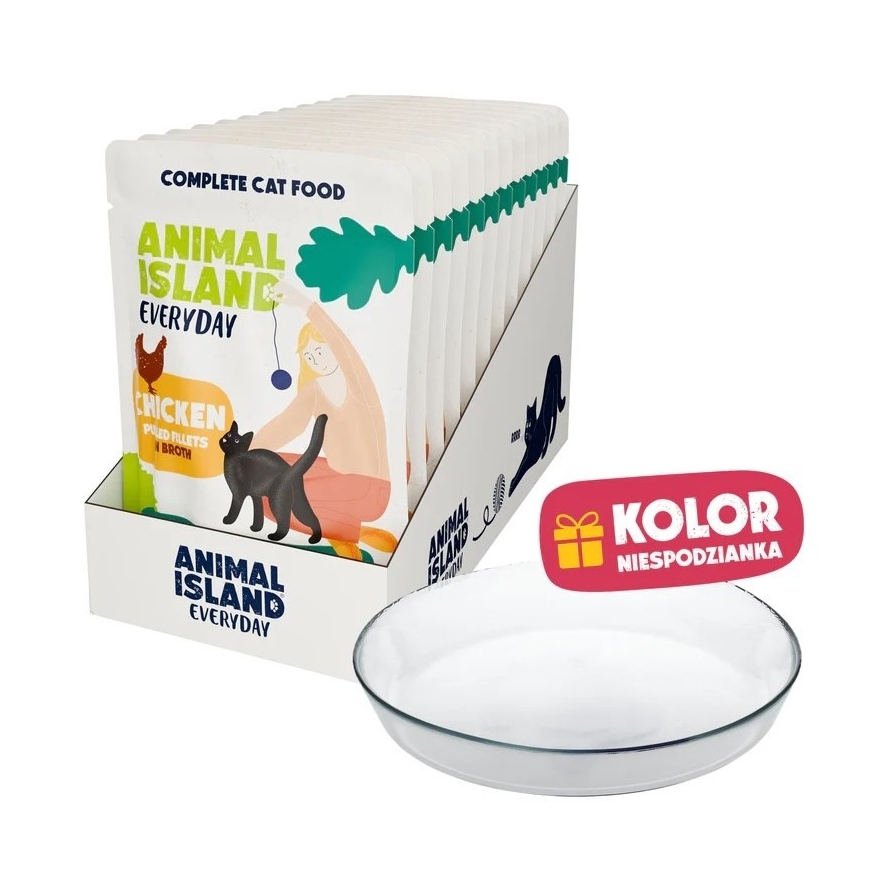 ANIMAL ISLAND Ikdieni vistas gaļa buljonā Kaste - mitrā kaķu barība - 12x85g + bezmaksas šķīvis