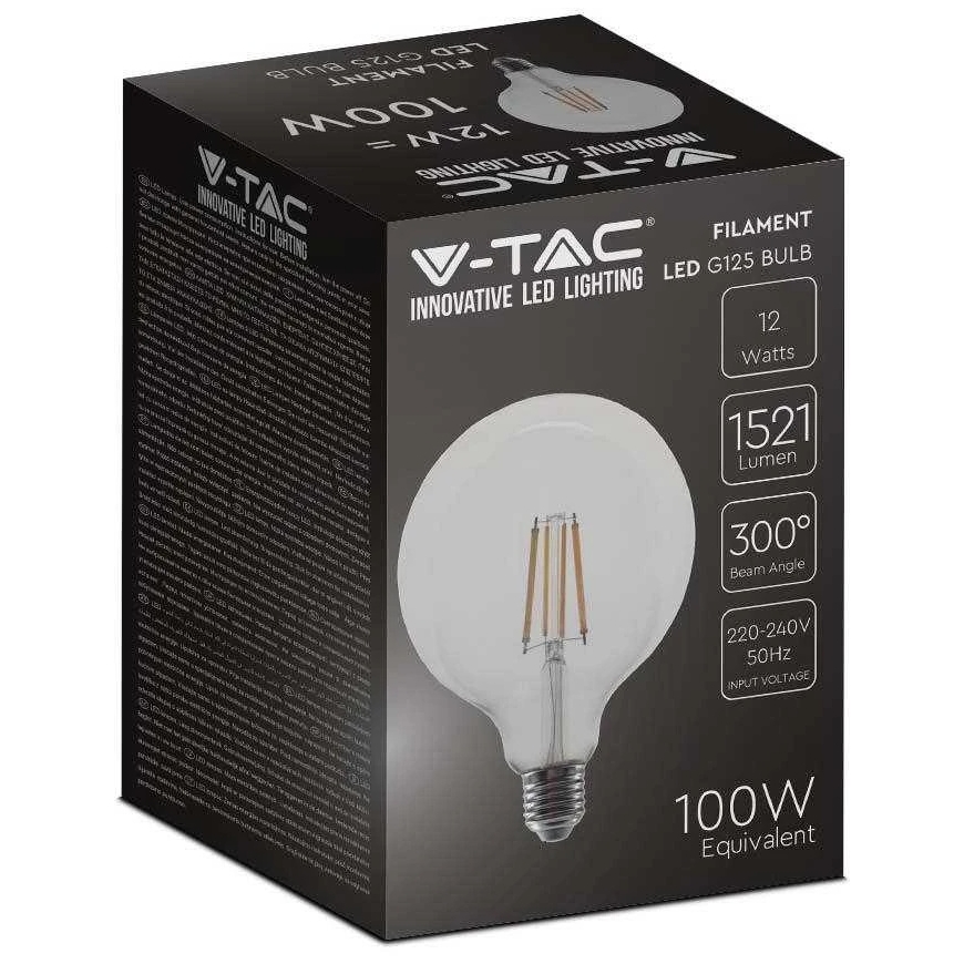 V-tac 12W LED filament bulb, G125, E27, clear glass, 3000K – 2