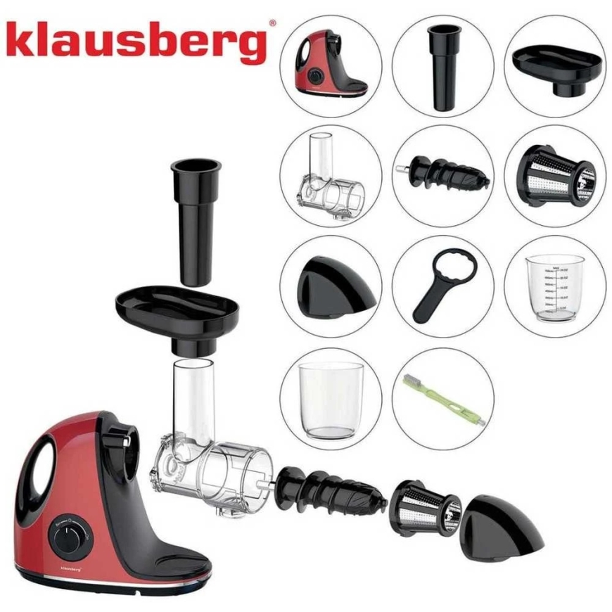 Slow Juicer for Fruits and Vegetables, Horizontal with Handle, 150 W, Cherry Red, Klausberg, kb-7865 – 4