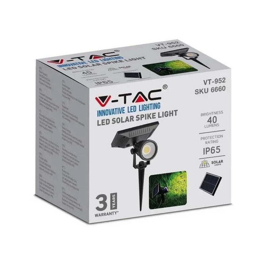 V-tac 2W maapinda valgusti, päikesepaneeliga, must, 4000K, IP65 – 4