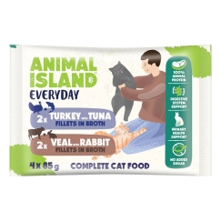 ANIMAL ISLAND Veršiena / Triušiena ir Kalkūnas / Tunų filė sultinyje - drėgnas kačių maistas - 4x85g