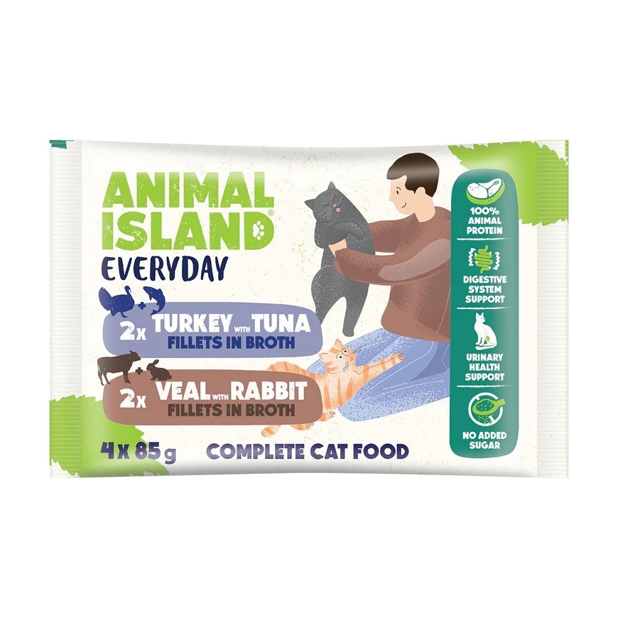 ANIMAL ISLAND Телятина / Кролик и Индейка / Филе Тунец в бульоне - влажный корм для кошек - 4x85г