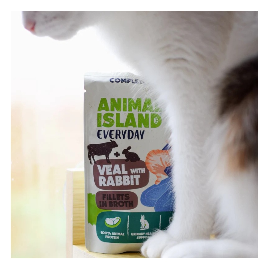 ANIMAL ISLAND Veršiena / Triušiena ir Kalkūnas / Tunų filė sultinyje - drėgnas kačių maistas - 4x85g – 3