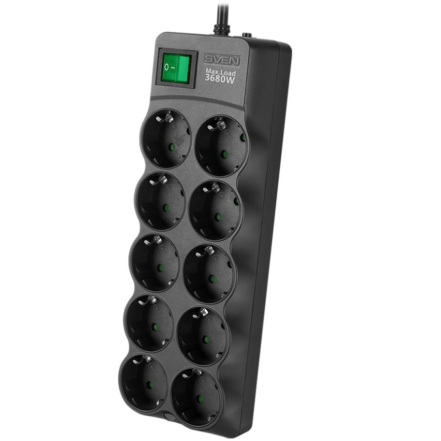 Ylijännitesuojain SVEN SF-10E-16 1,8 m, 16A, 3.6kW, (10 pistorasiaa lapsisuojalla), musta