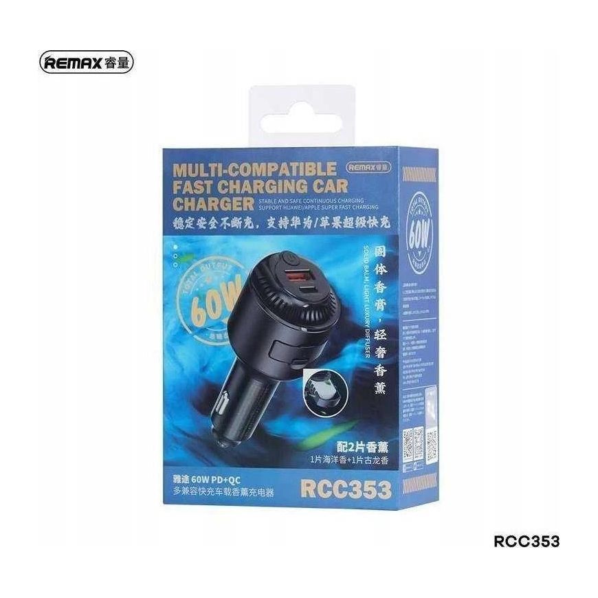 REMAX AUTOMAŠĪNAS UZLĀDĒTĀJS YATOY SĒRIJAI AR AROMĀTISKU FUNKCIJU 60W PD QC RCC353 1xUSB + 1xUSB-C Melns – 2