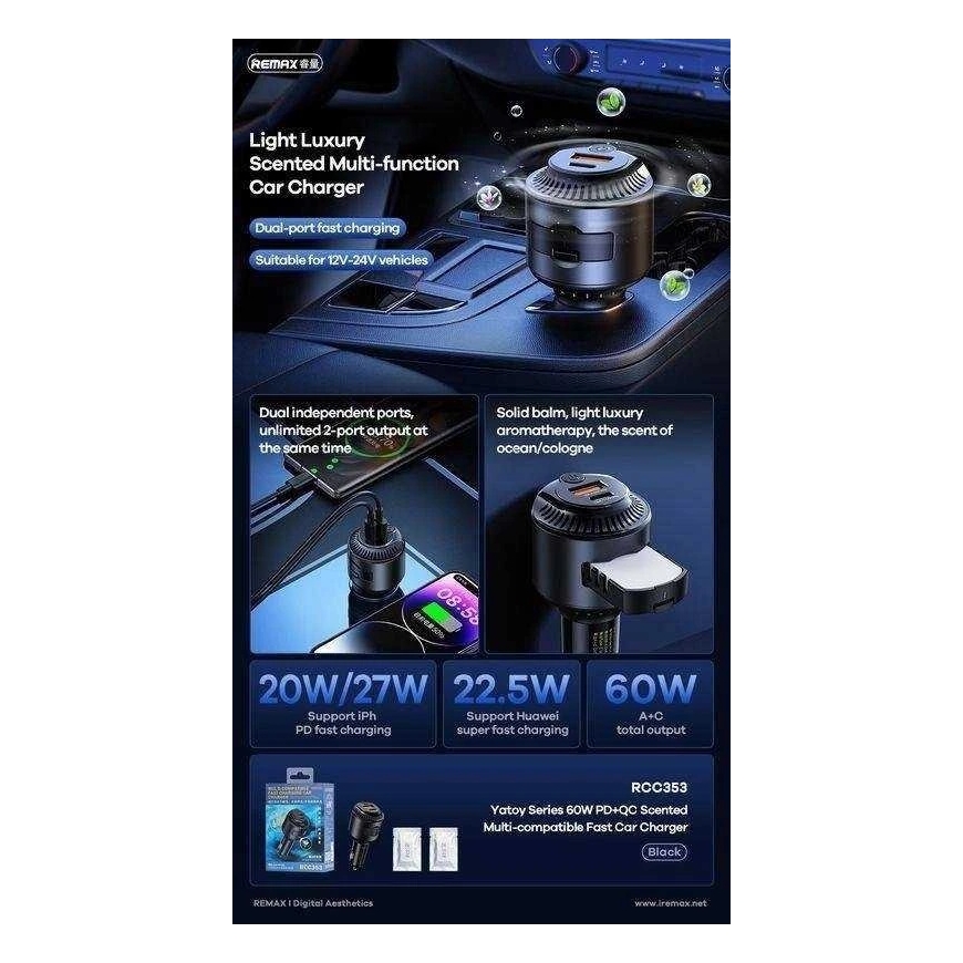 REMAX AUTO LAADIMISSEADE YATOY SEERIA AROOMIFUNKTSIOONIGA 60W PD QC RCC353 1xUSB + 1xUSB-C Must – 3