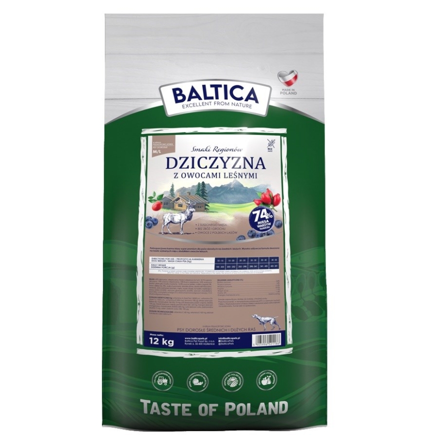 BALTICA Reģionu garšas Svaiga gaļa ar meža ogām Vidējiem un lieliem suņiem - sausā suņu barība - 12kg
