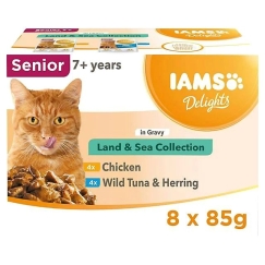 IAMS DELIGHTS Senjorų Sausumos ir Jūros Rūšies Kolekcija su Padažu dėžutė – šlapias kačių maistas – 8x85g