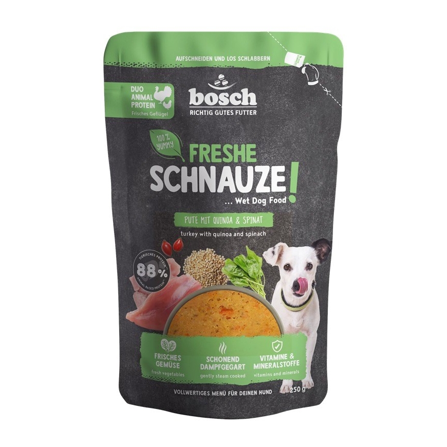 BOSCH Šviežia Snukutė su kalakutiena, quinoa ir špinatais – šlapias šunų maistas – 250g