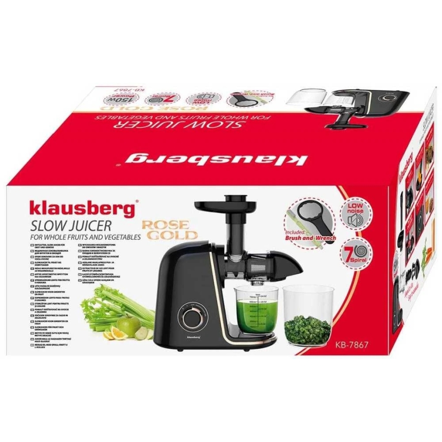 Slow Juicer for Fruits and Vegetables, Horizontal, Black with Rose Gold Accents, 150 W, Klausberg, kb-7867 – 2