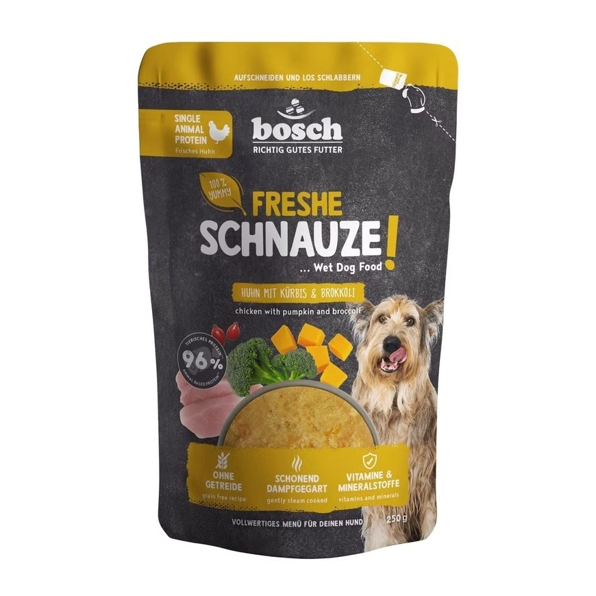 BOSCH Fresh Schnauze su vištiena, moliūgu ir brokoliais mono – šlapias šunų ėdalas – 250g