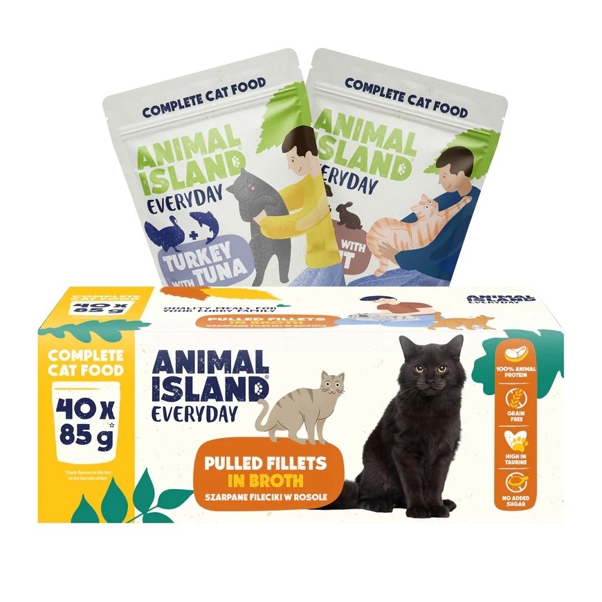ANIMAL ISLAND Kasdieniai filė sultinyje, kalakutiena su tunu ir veršiena su triušiu, dėžutė - šlapias kačių maistas - 40x85g