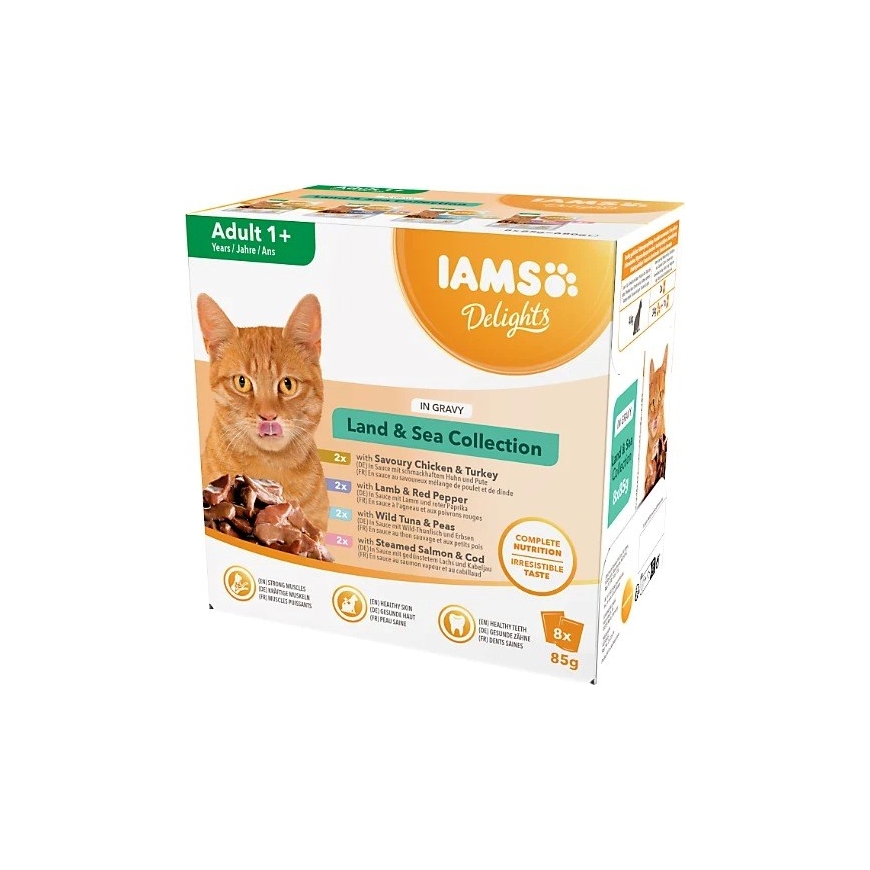 IAMS DELIGHTS Maalla & Merellä -kokoelma kastikkeessa -märkä kissanruoka - 8x85g