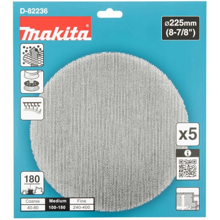 Makita Hõõrdevõrk seina pahtli lihvimiseks (5 tk), φ225mm, A180 D-82236 DSL801 – 5